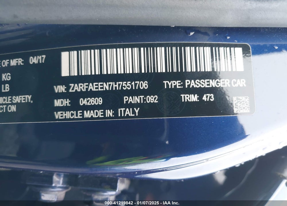 2017 ALFA ROMEO GIULIA VIN: ZARFAEEN7H7551706