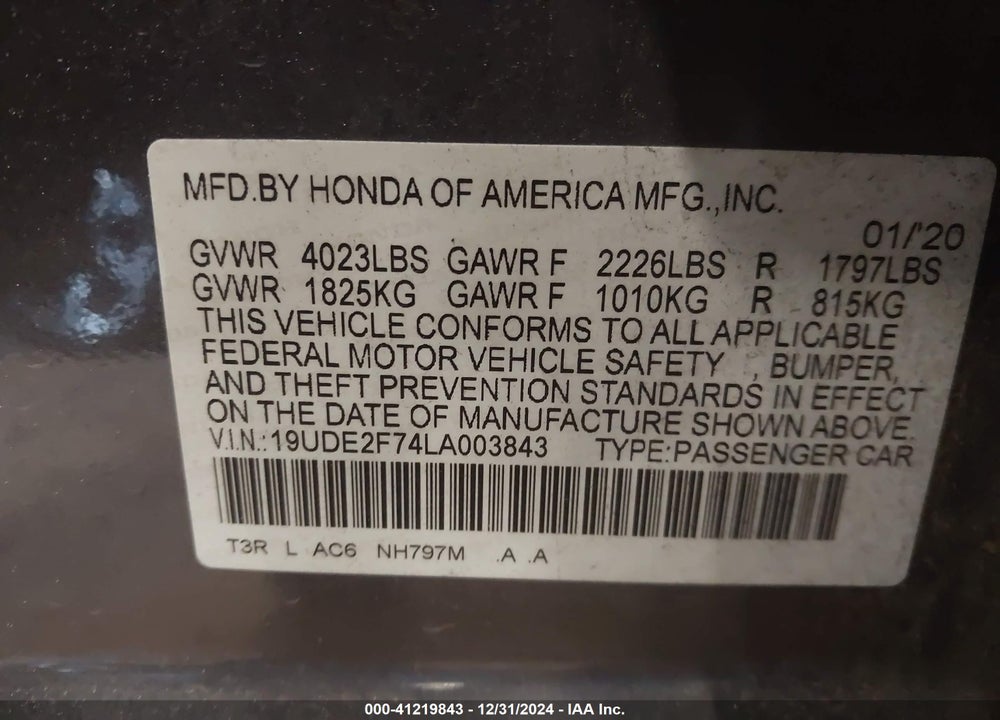 2020 ACURA ILX PREMIUM PACKAGE/TECHNOLOGY PACKAGE VIN: 19UDE2F74LA003843