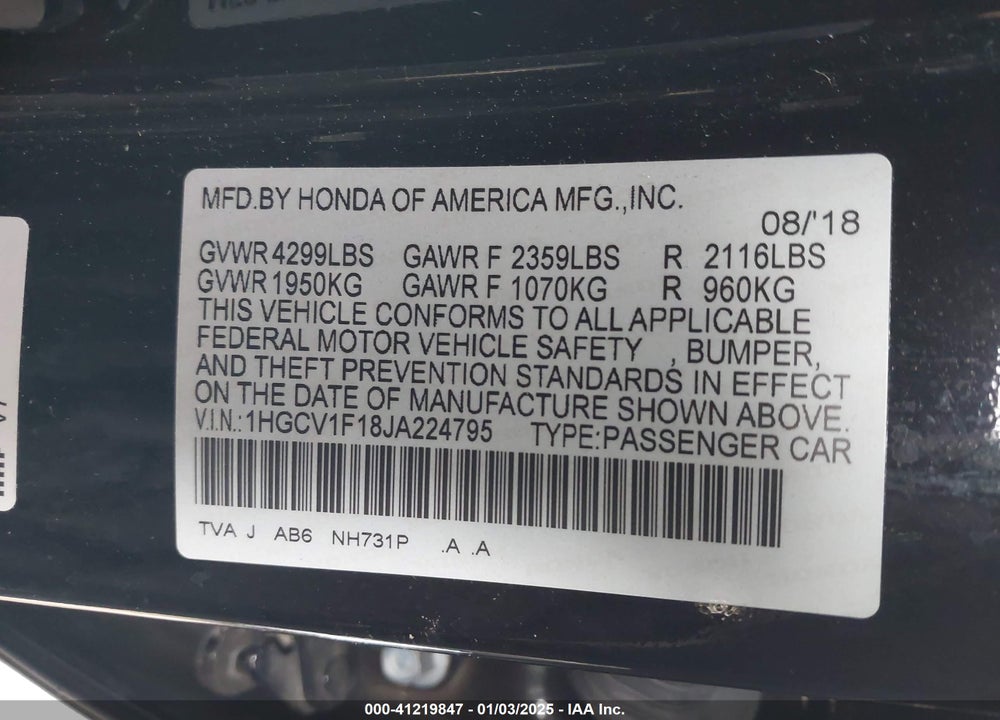 2018 HONDA ACCORD LX VIN: 1HGCV1F18JA224795