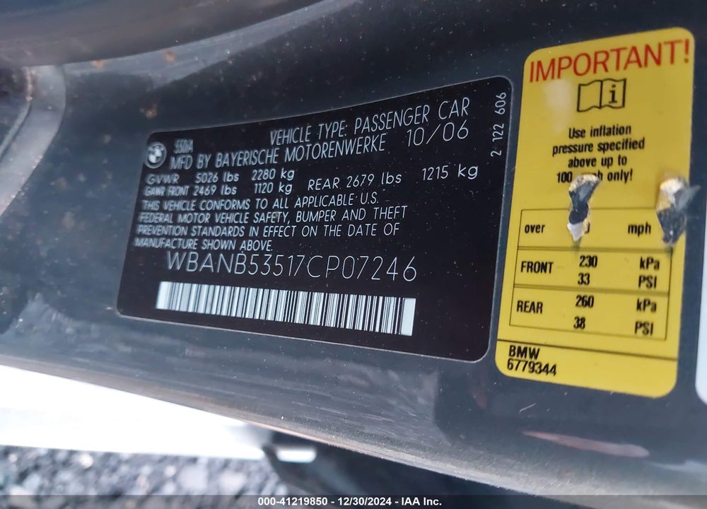 2007 BMW 550I VIN: WBANB53517CP07246