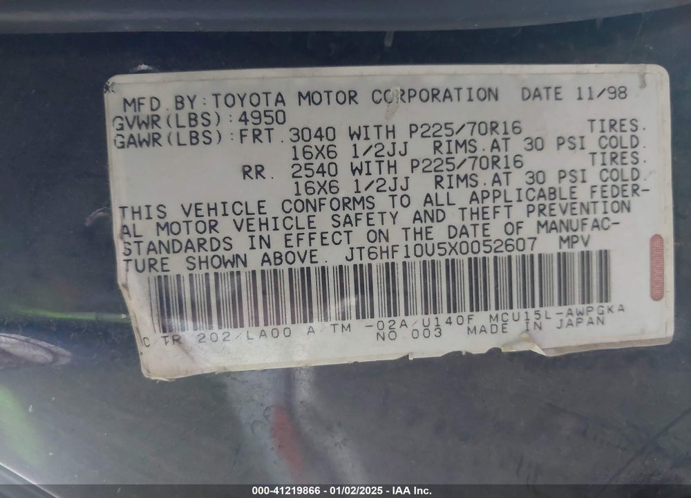 1999 LEXUS RX 300 VIN: JT6HF10U5X0052607