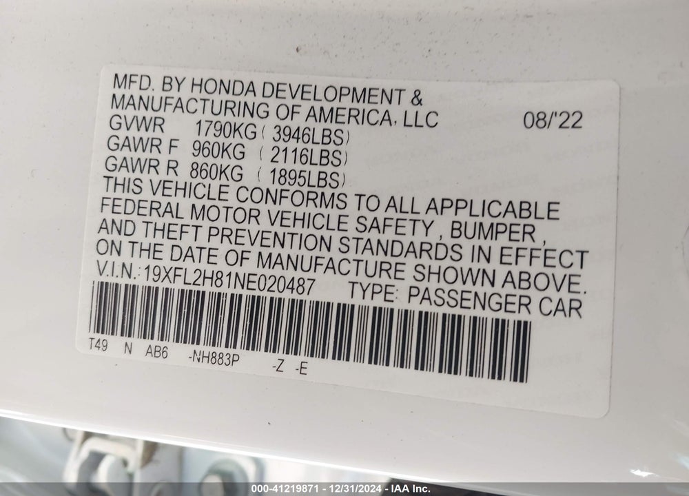 2022 HONDA CIVIC VIN: 19XFL2H81NE020487