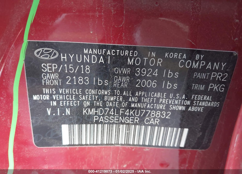 2019 HYUNDAI ELANTRA VIN: KMHD74LF4KU778832