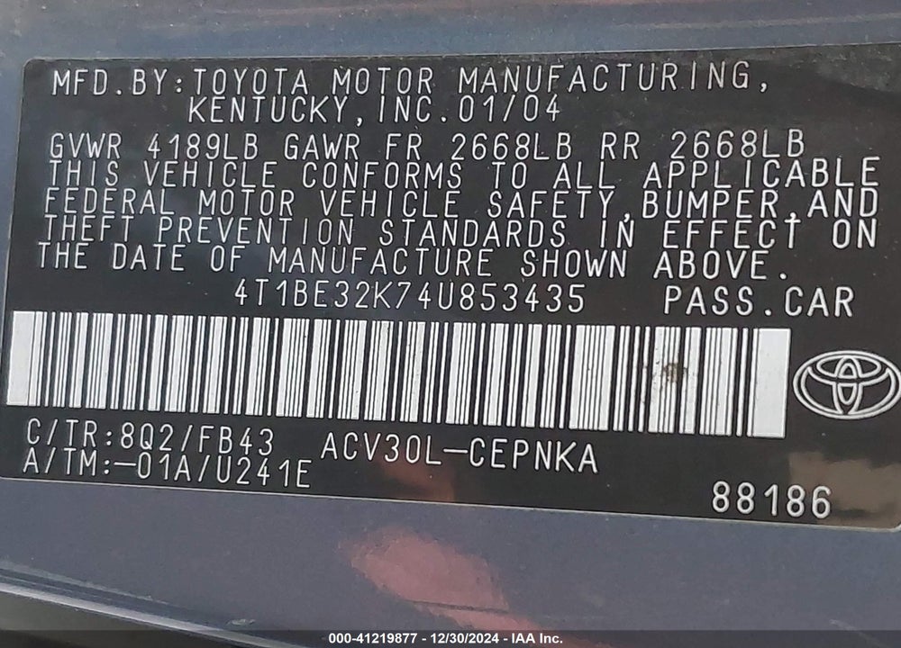 2004 TOYOTA CAMRY LE VIN: 4T1BE32K74U853435