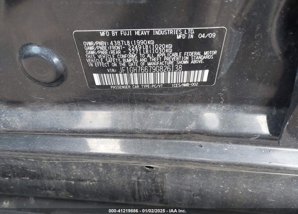 2009 SUBARU IMPREZA WRX VIN: JF1GH76679G826138