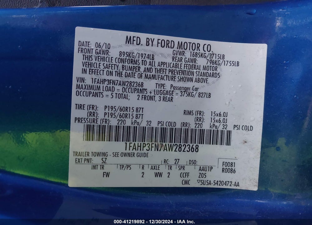 2010 FORD FOCUS VIN: 1FAHP3FN7AW282368