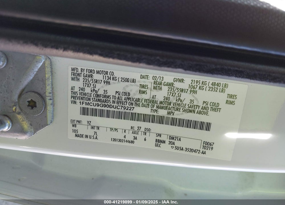 2013 FORD ESCAPE SE VIN: 1FMCU9G90DUC79227