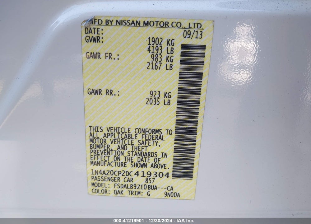 2013 NISSAN LEAF S VIN: 1N4AZ0CP2DC419304