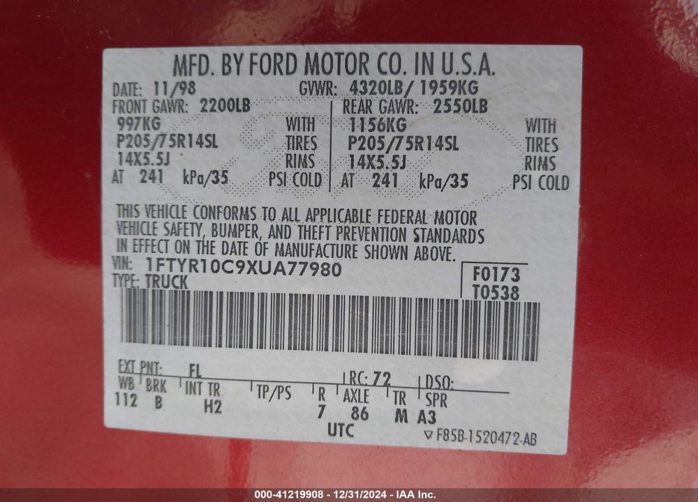 1999 FORD RANGER XL/XLT VIN: 1FTYR10C9XUA77980