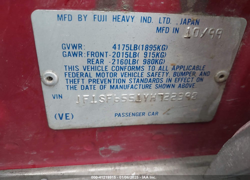 2000 SUBARU FORESTER S VIN: JF1SF6551YH722398
