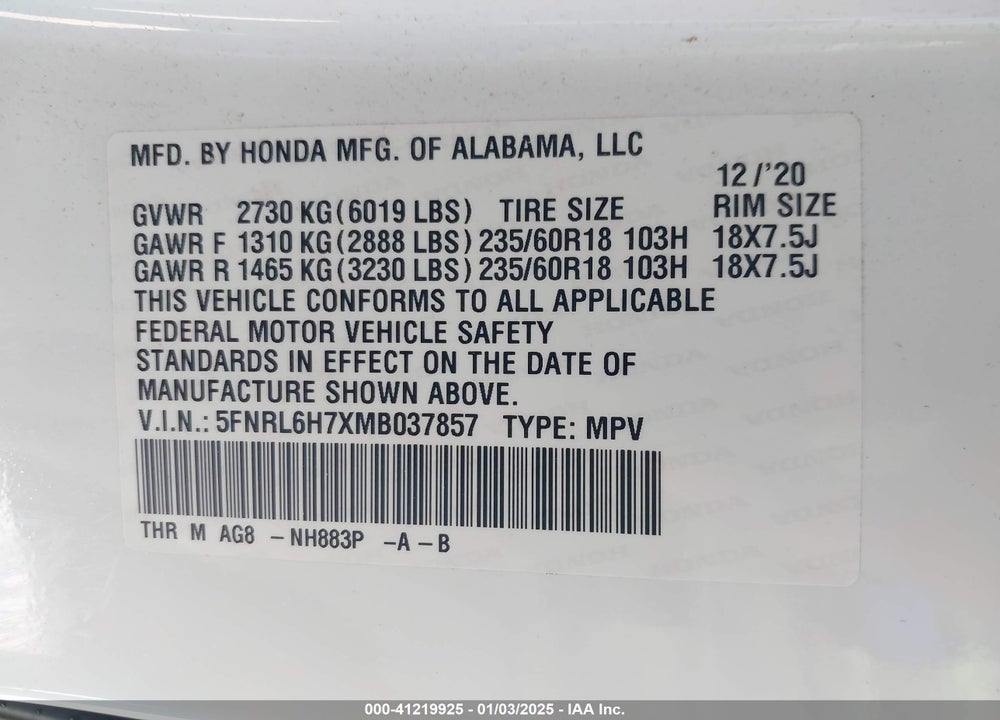 2021 HONDA ODYSSEY EX-L VIN: 5FNRL6H7XMB037857