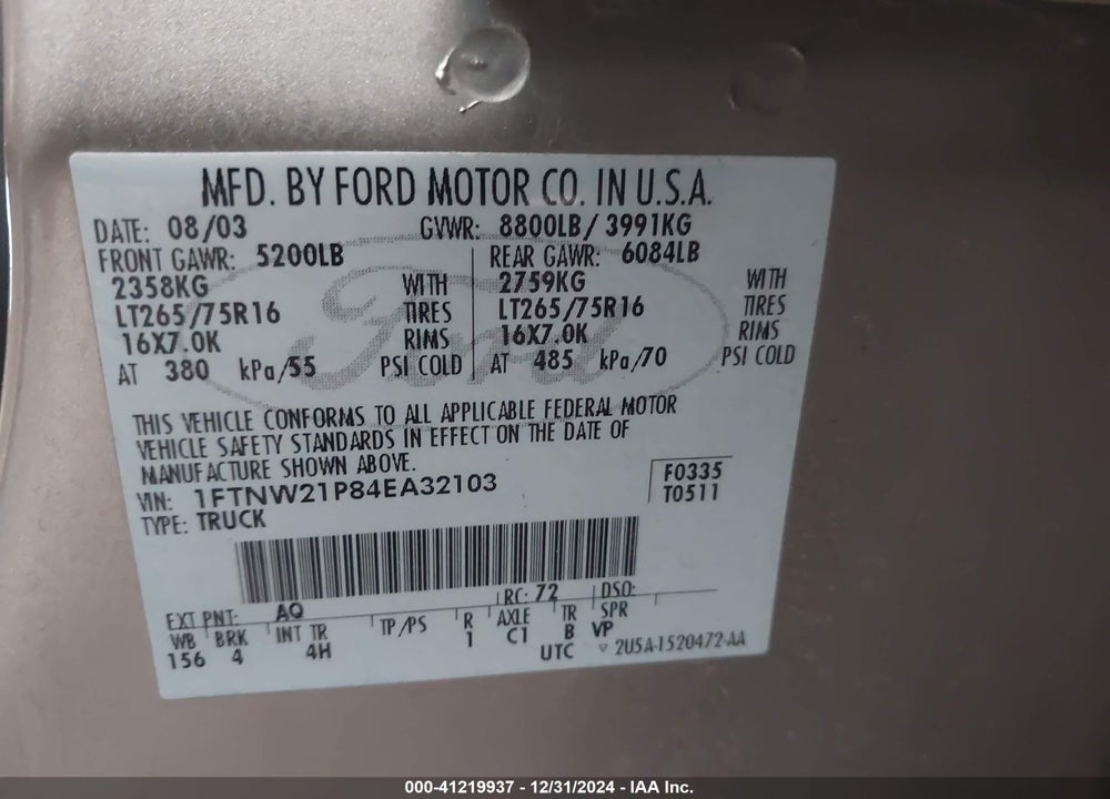 2004 FORD F-250 LARIAT/XL/XLT VIN: 1FTNW21P84EA32103