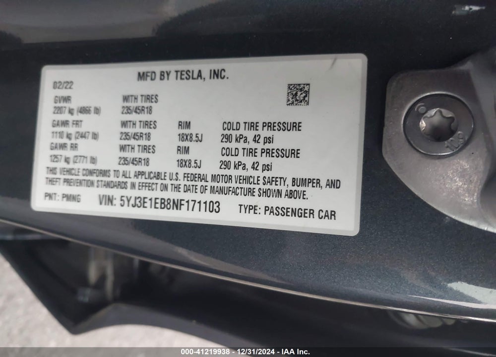 2022 TESLA MODEL 3 LONG RANGE DUAL MOTOR ALL-WHEEL DRIVE VIN: 5YJ3E1EB8NF171103