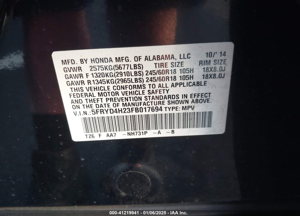 2015 ACURA MDX VIN: 5FRYD4H23FB017694