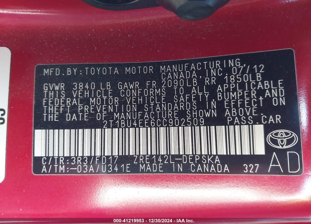 2012 TOYOTA COROLLA S VIN: 2T1BU4EE6CC902509