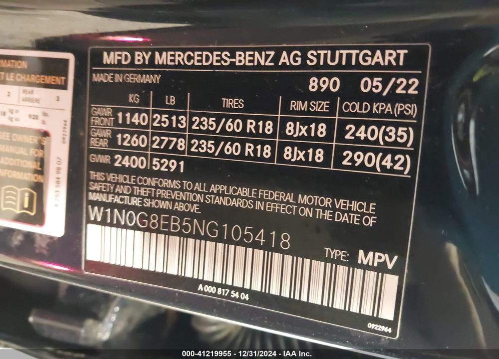 2022 MERCEDES-BENZ GLC 300 4MATIC SUV VIN: W1N0G8EB5NG105418