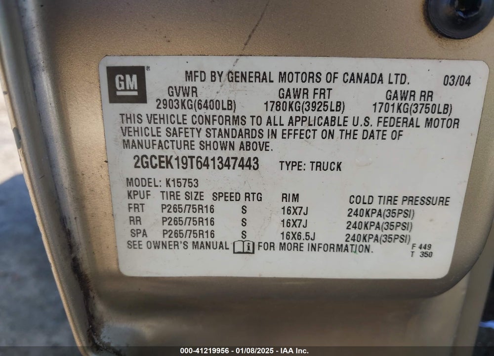 2004 CHEVROLET SILVERADO 1500 Z71 VIN: 2GCEK19T641347443