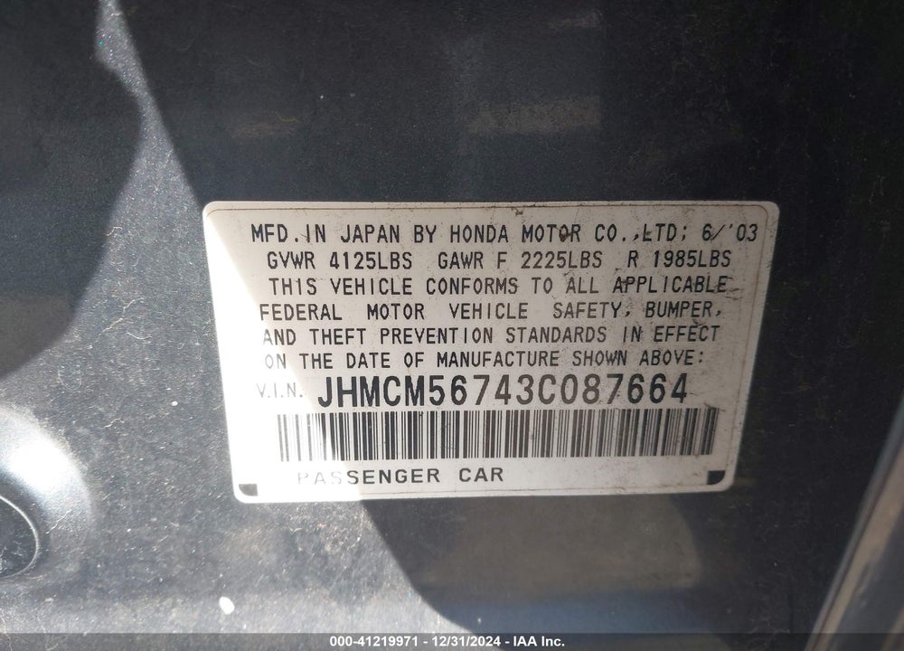 2003 HONDA ACCORD 2.4 EX VIN: JHMCM56743C087664