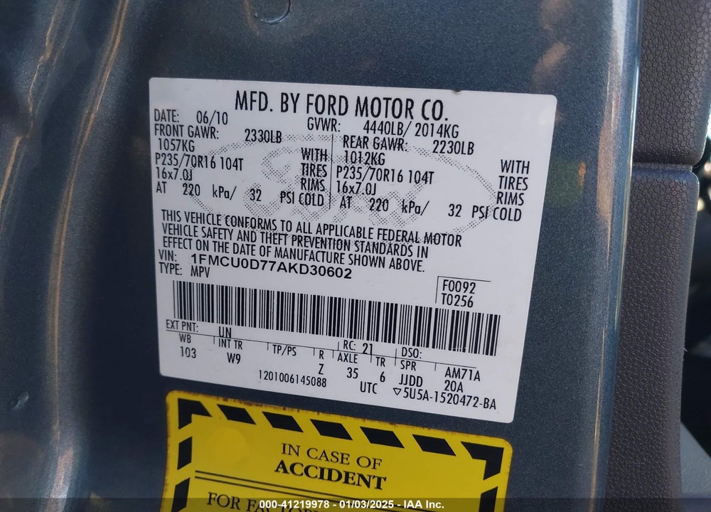 2010 FORD ESCAPE XLT VIN: 1FMCU0D77AKD30602