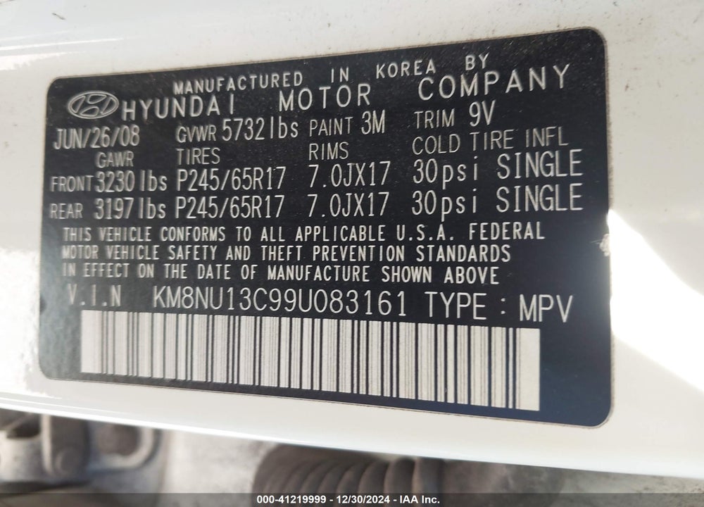 2009 HYUNDAI VERACRUZ GLS VIN: KM8NU13C99U083161