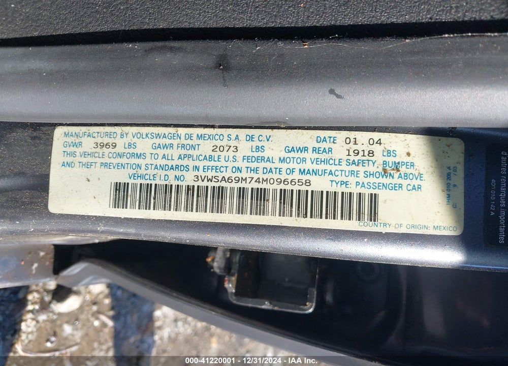 2004 VOLKSWAGEN JETTA GLS 2.0L VIN: 3VWSA69M74M096658