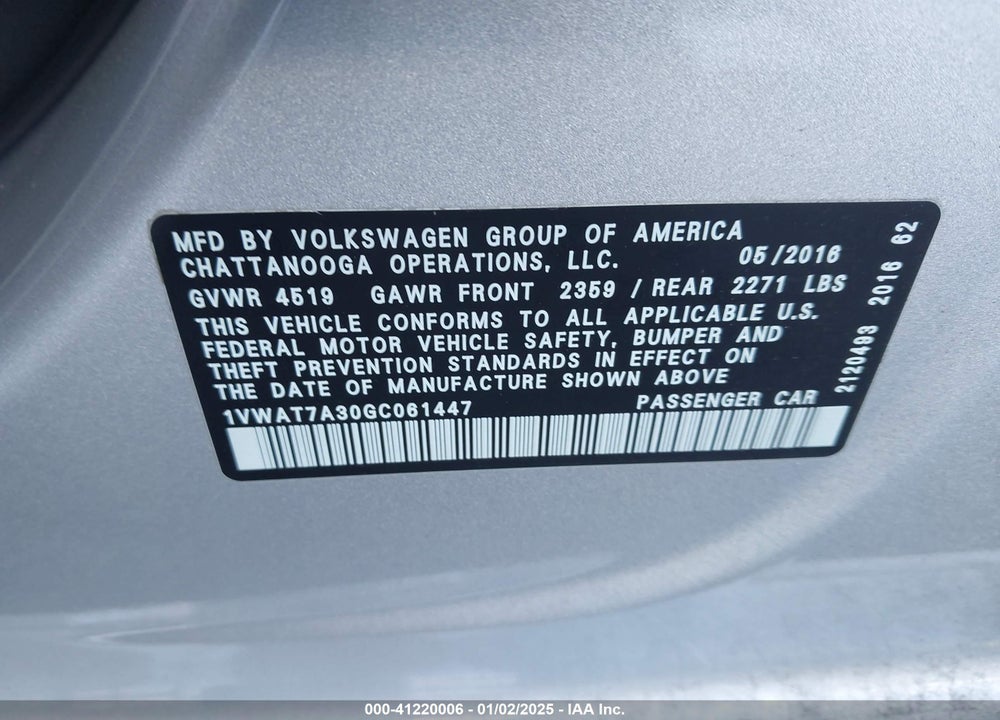 2016 VOLKSWAGEN PASSAT VIN: 1VWAT7A30GC061447