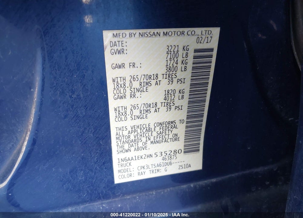2017 NISSAN TITAN SV VIN: 1N6AA1EK2HN535280