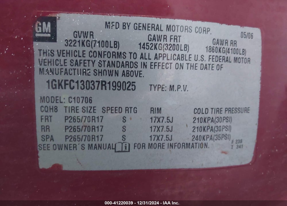 2007 GMC YUKON SLE VIN: 1GKFC13037R199025