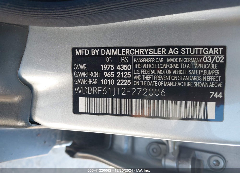 2002 MERCEDES-BENZ C 240 VIN: WDBRF61J12F272006