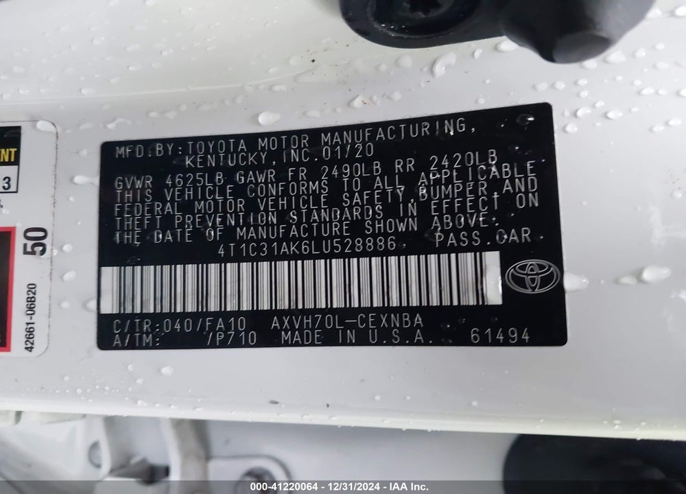2020 TOYOTA CAMRY LE HYBRID VIN: 4T1C31AK6LU528886