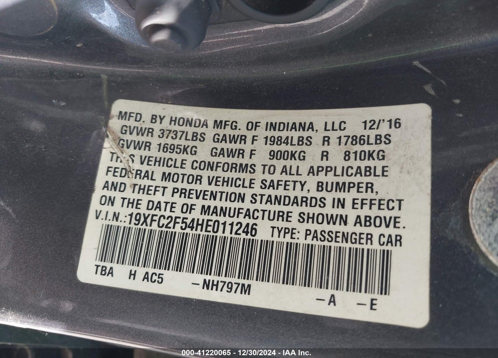 2017 HONDA CIVIC LX VIN: 19XFC2F54HE011246