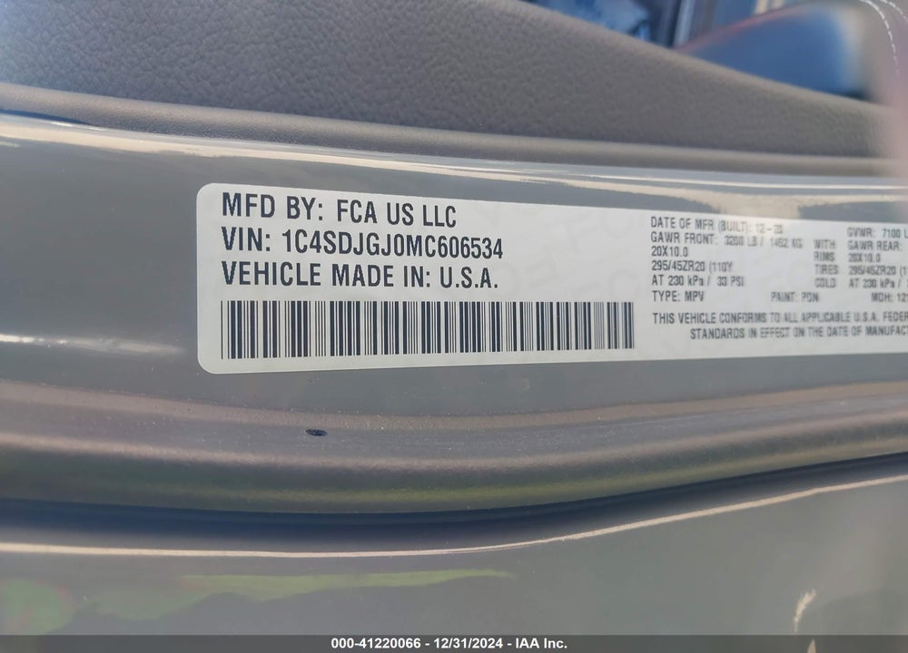 2021 DODGE DURANGO SRT 392 AWD VIN: 1C4SDJGJ0MC606534