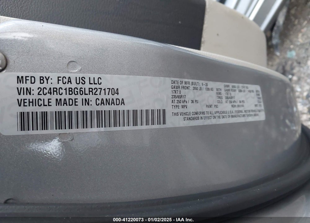 2020 CHRYSLER PACIFICA TOURING L VIN: 2C4RC1BG6LR271704