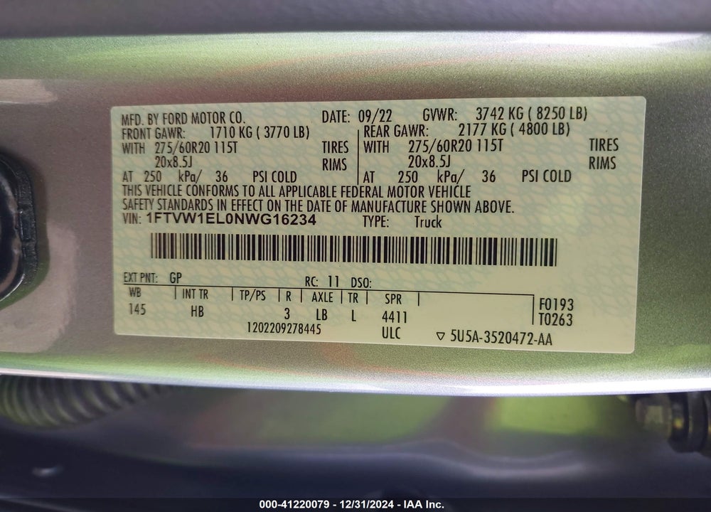 2022 FORD F-150 LIGHTNING VIN: 1FTVW1EL0NWG16234