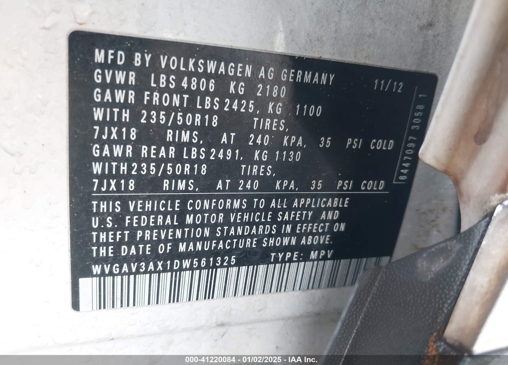 2013 VOLKSWAGEN TIGUAN SE VIN: WVGAV3AX1DW561325