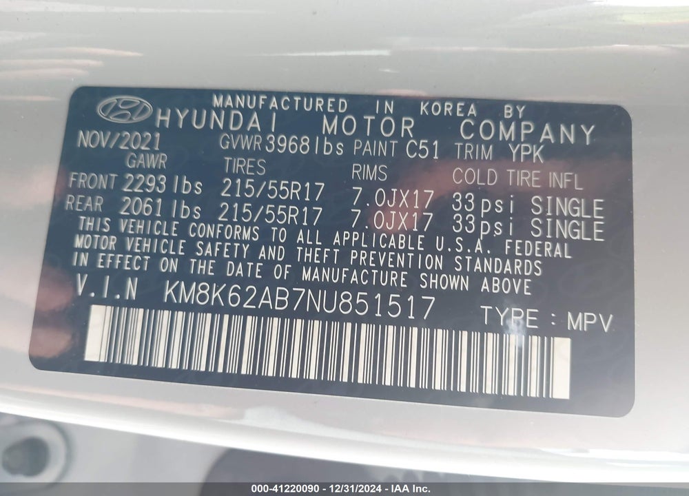 2022 HYUNDAI KONA SEL VIN: KM8K62AB7NU851517