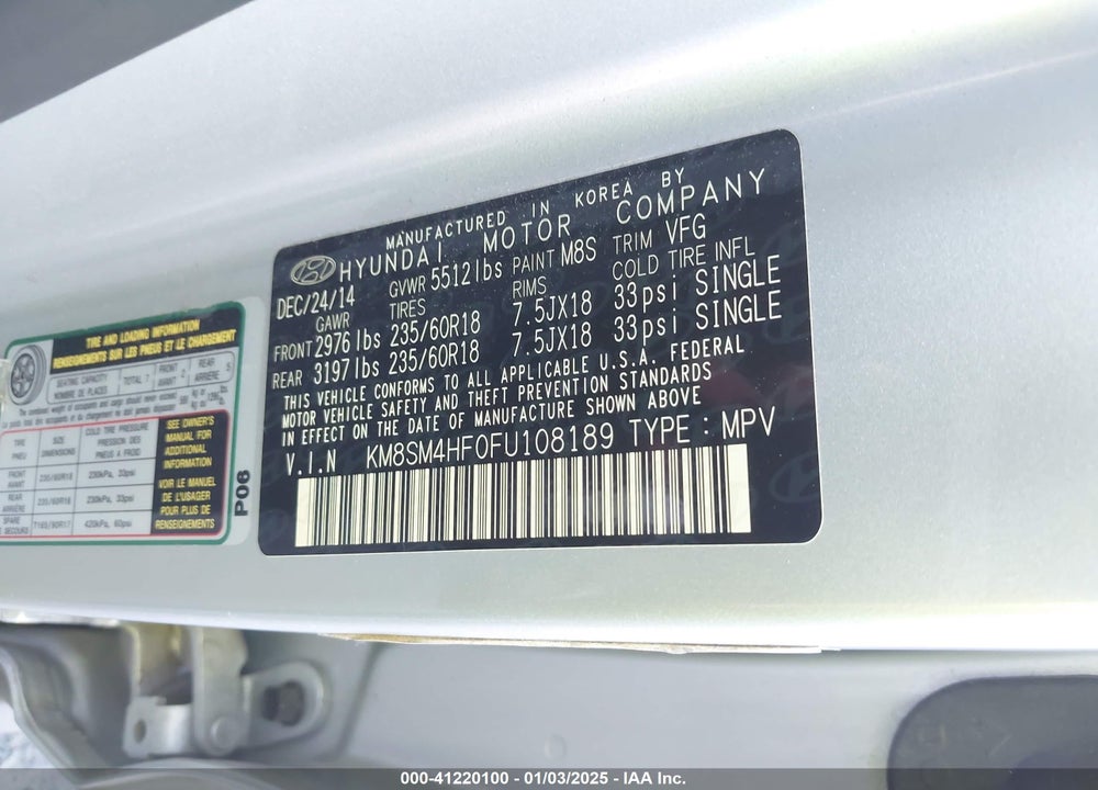 2015 HYUNDAI SANTA FE GLS VIN: KM8SM4HF0FU108189