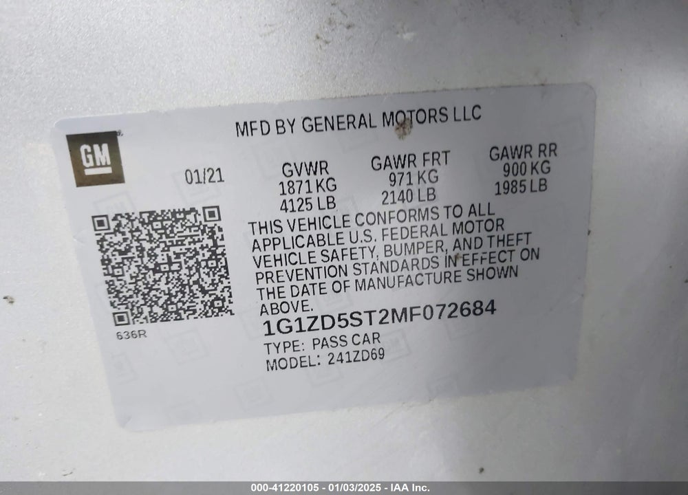 2021 CHEVROLET MALIBU VIN: 1G1ZD5ST2MF072684