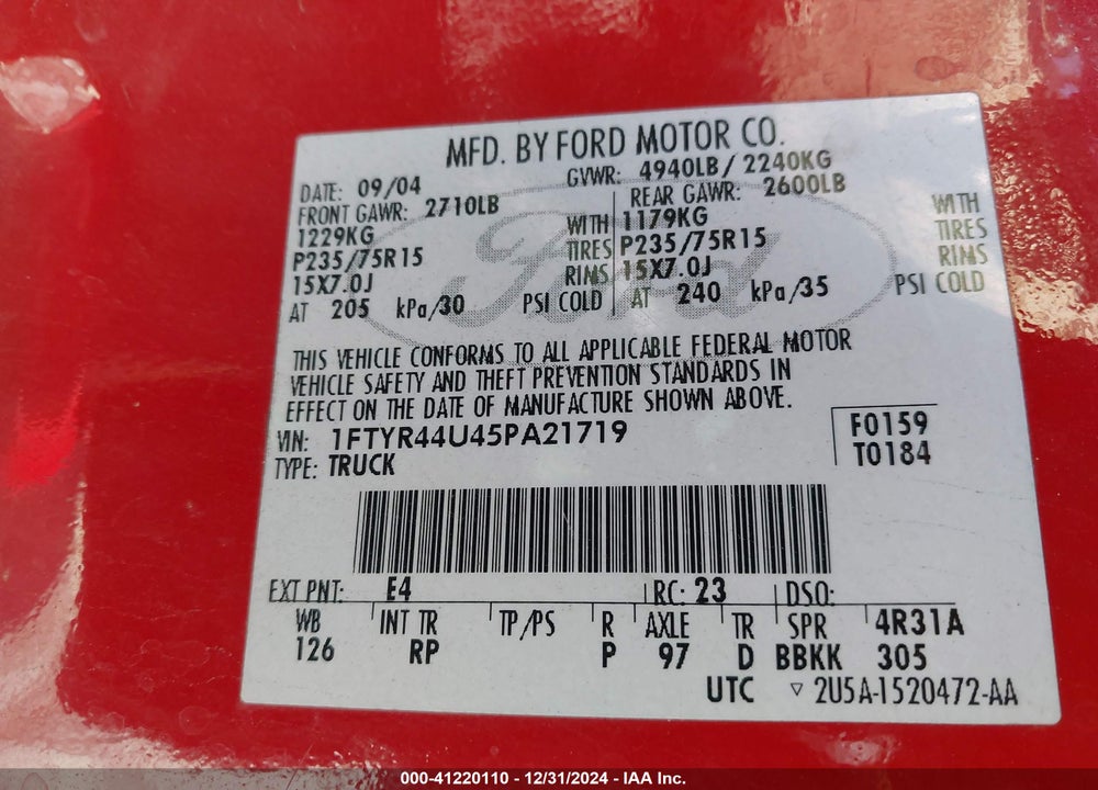 2005 FORD RANGER EDGE/STX/XLT VIN: 1FTYR44U45PA21719