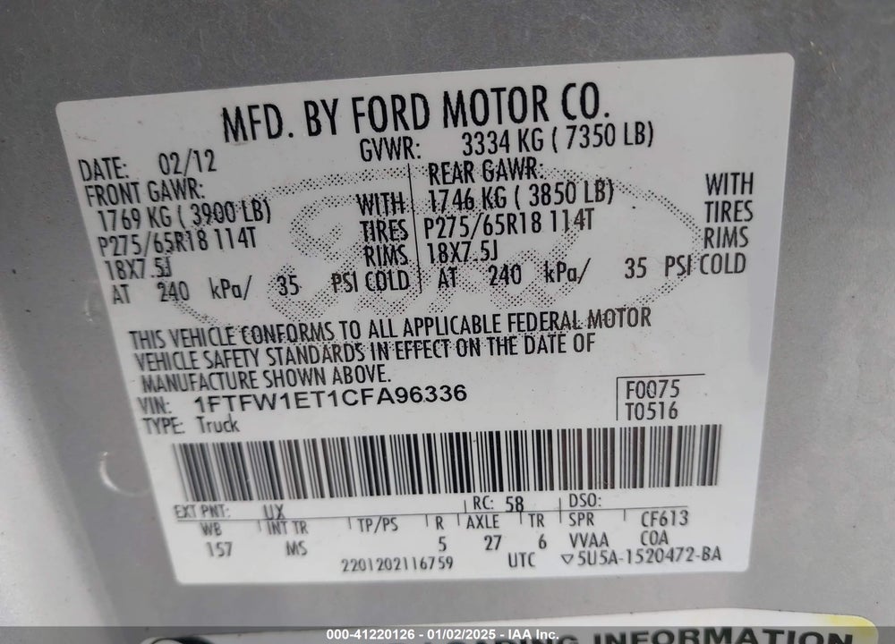 2012 FORD F-150 XLT VIN: 1FTFW1ET1CFA96336