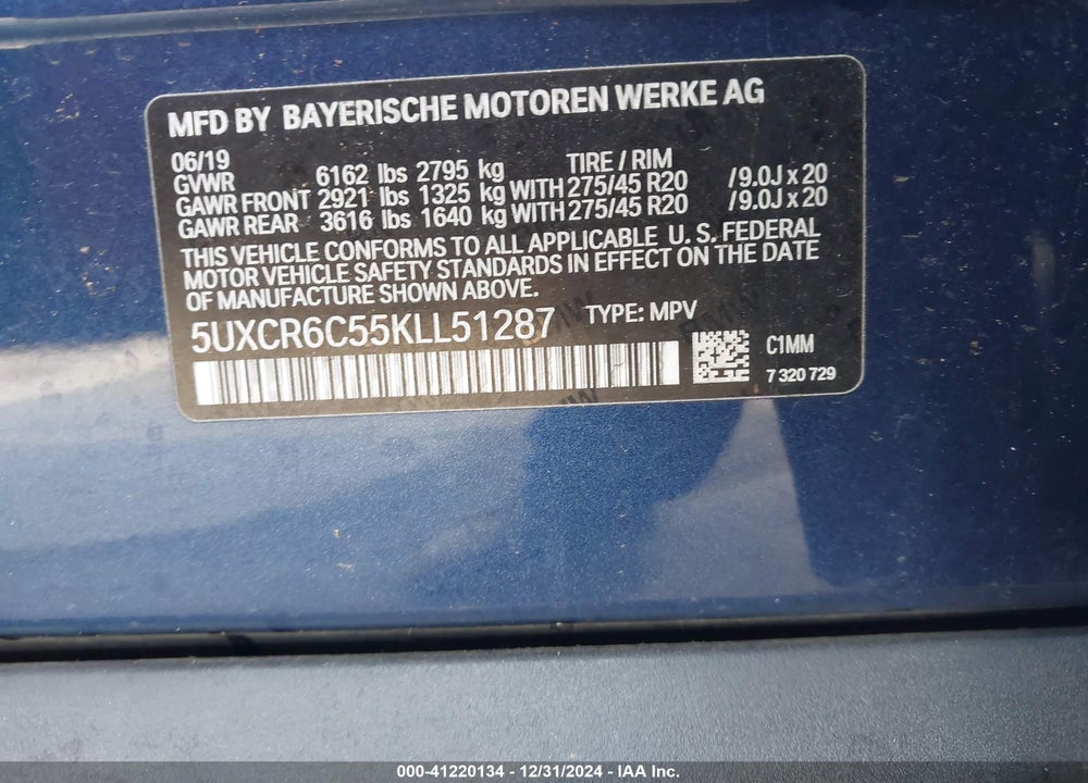 2019 BMW X5 XDRIVE40I VIN: 5UXCR6C55KLL51287