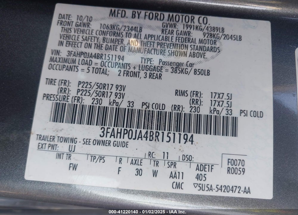 2011 FORD FUSION SEL VIN: 3FAHP0JA4BR151194