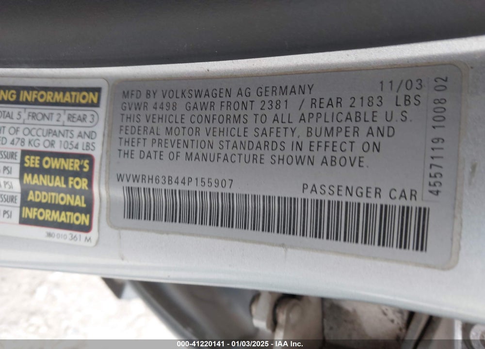 2004 VOLKSWAGEN PASSAT GLX VIN: WVWRH63B44P155907