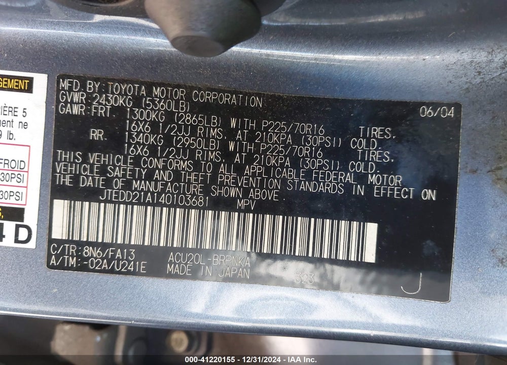 2004 TOYOTA HIGHLANDER VIN: JTEDD21A140103681