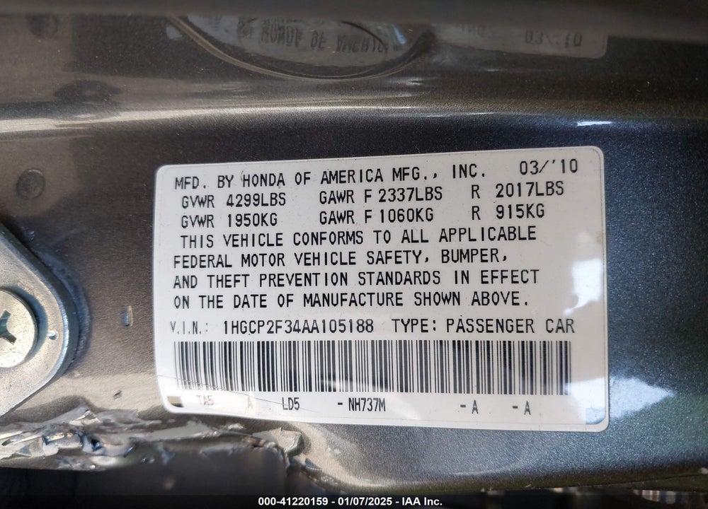 2010 HONDA ACCORD VIN: 1HGCP2F34AA105188