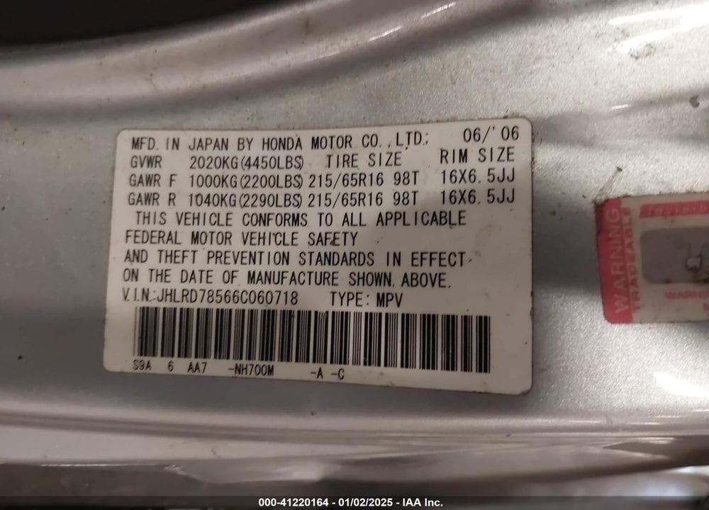 2006 HONDA CR-V LX VIN: JHLRD78566C060718
