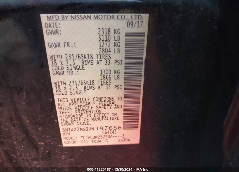 2017 NISSAN MURANO SV VIN: 5N1AZ2MG3HN197656