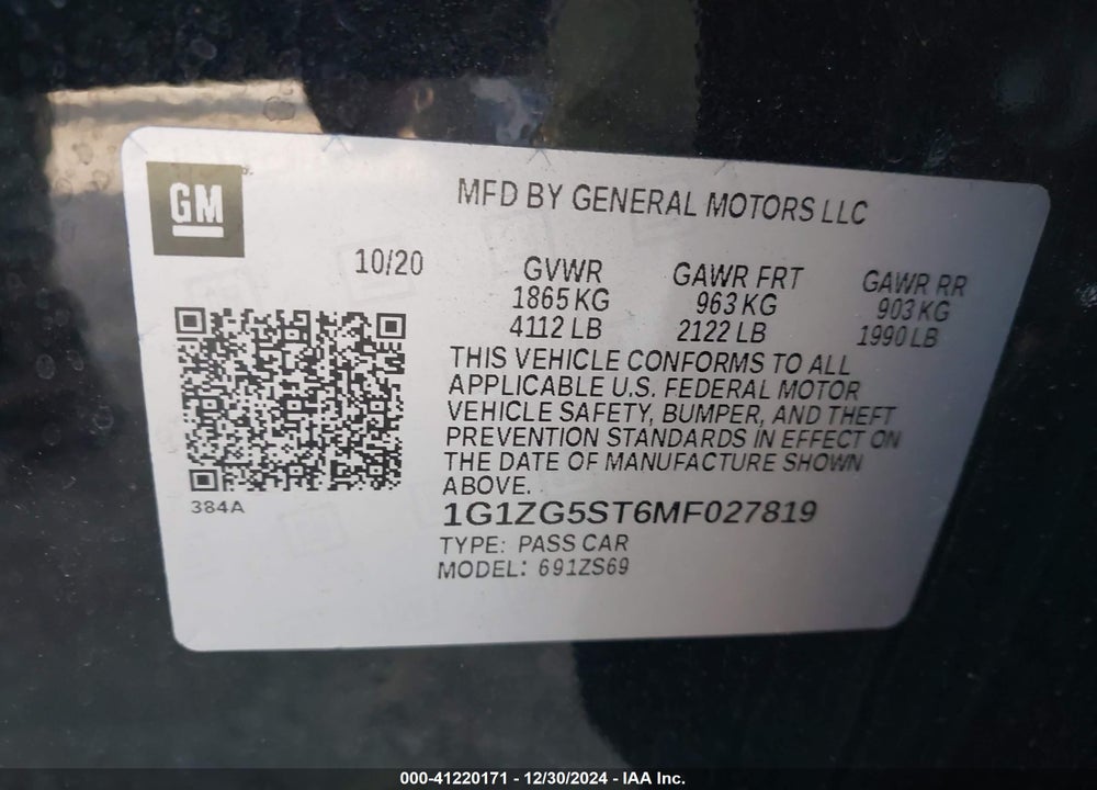2021 CHEVROLET MALIBU VIN: 1G1ZG5ST6MF027819