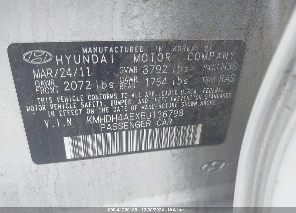 2011 HYUNDAI ELANTRA GLS (ULSAN PLANT) VIN: KMHDH4AEXBU136798