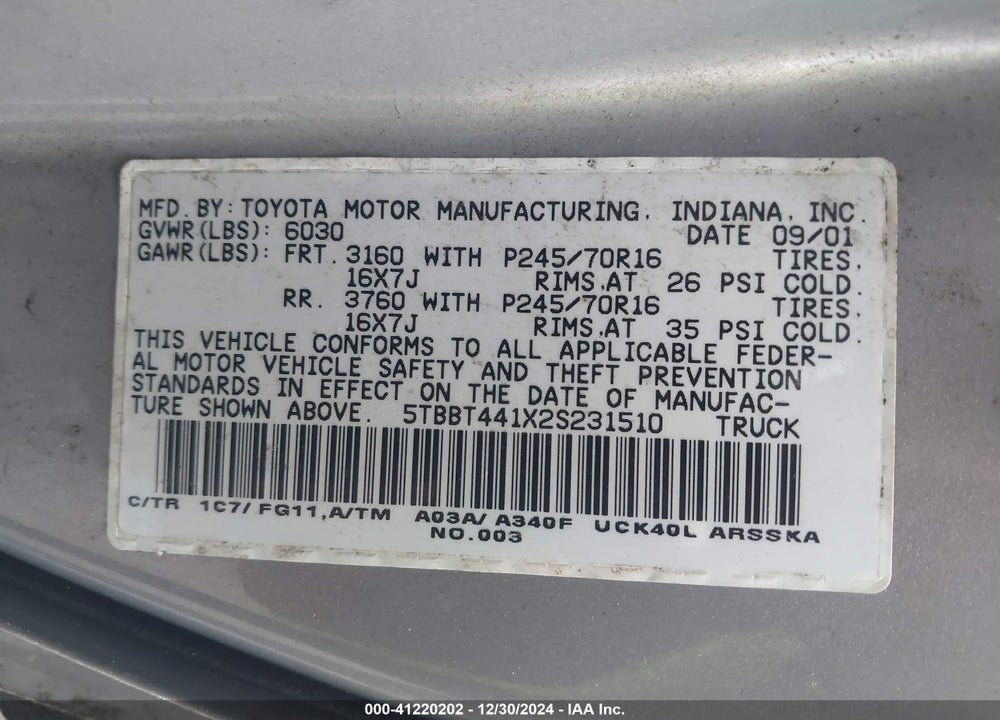 2002 TOYOTA TUNDRA SR5 V8 VIN: 5TBBT441X2S231510